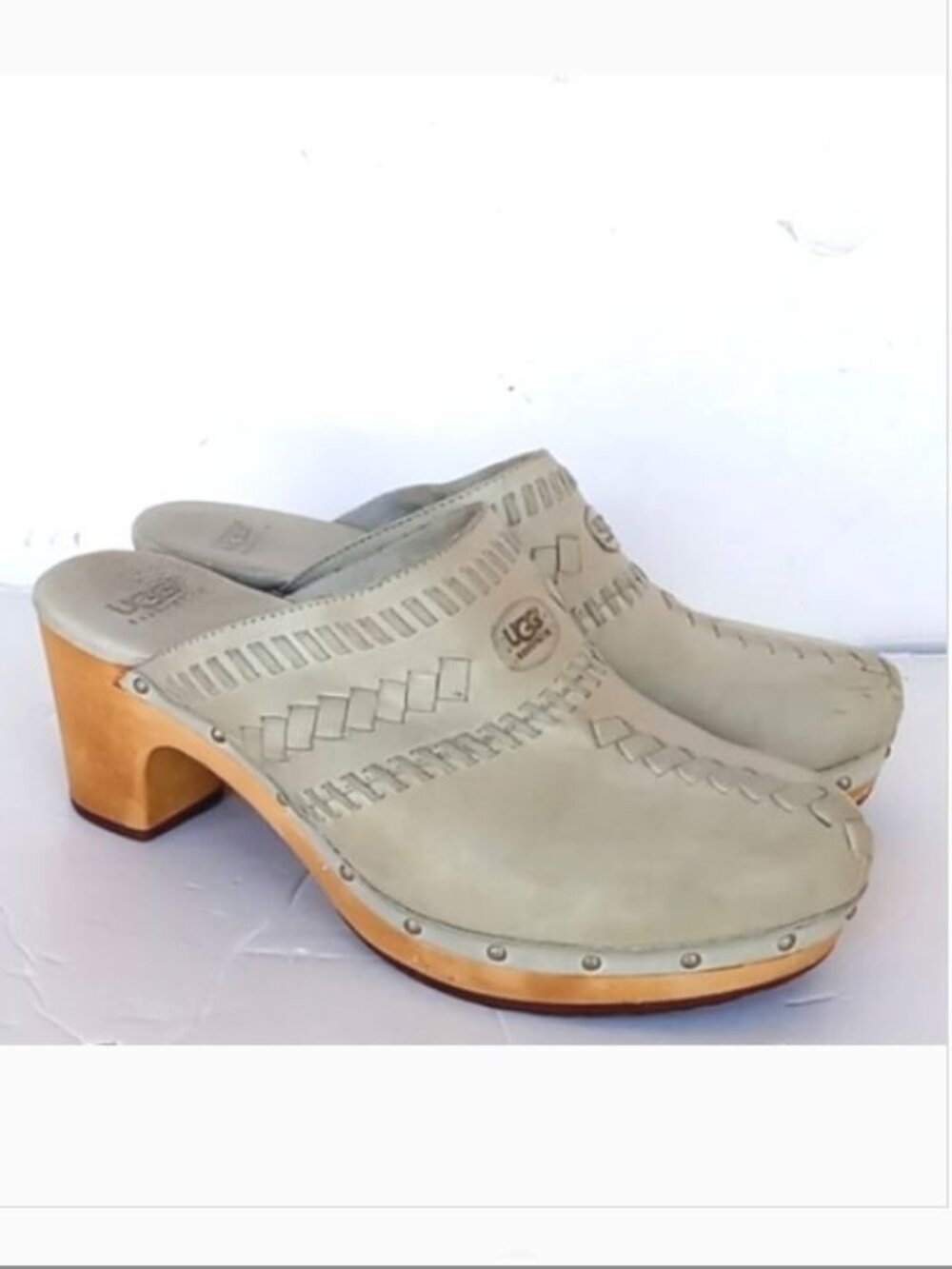 Vintage Y2K UGG Vivica Clogs 5 Gray Tan Woven Leather Wood Heel Mule Boho Bratz